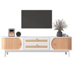 Mueble de TV de madera natural con puertas y cajones de ratán - Imagen 2