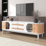 Mueble de TV de madera natural con puertas y cajones de ratán - Imagen 4